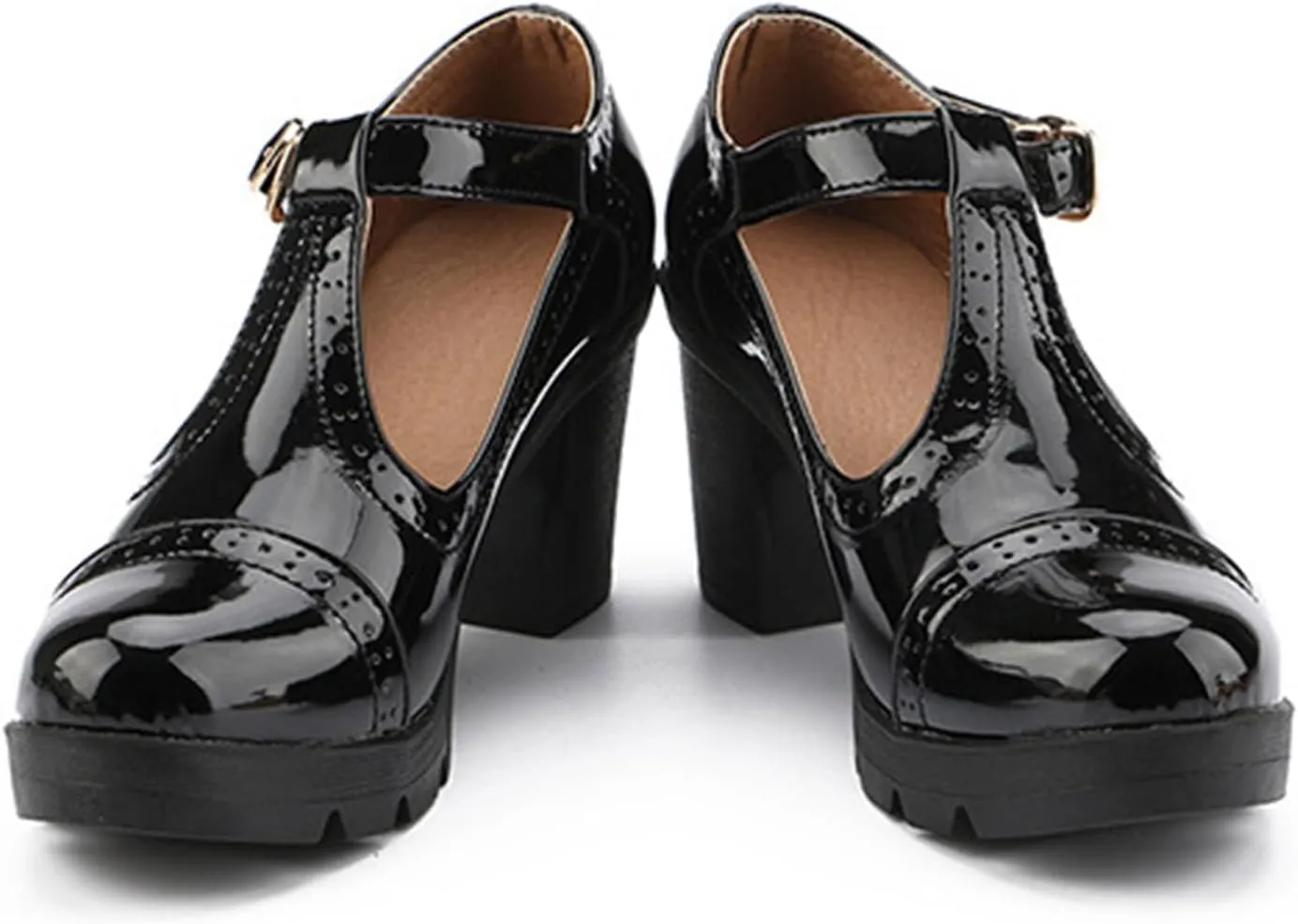 Women's Platform Chunky Heel T-Strap Mary Jane Pumps Shoes Retro Round-Toe Patent Leather Mid Block Heel Brogue Shoes Classic Dress Oxfords Shoes