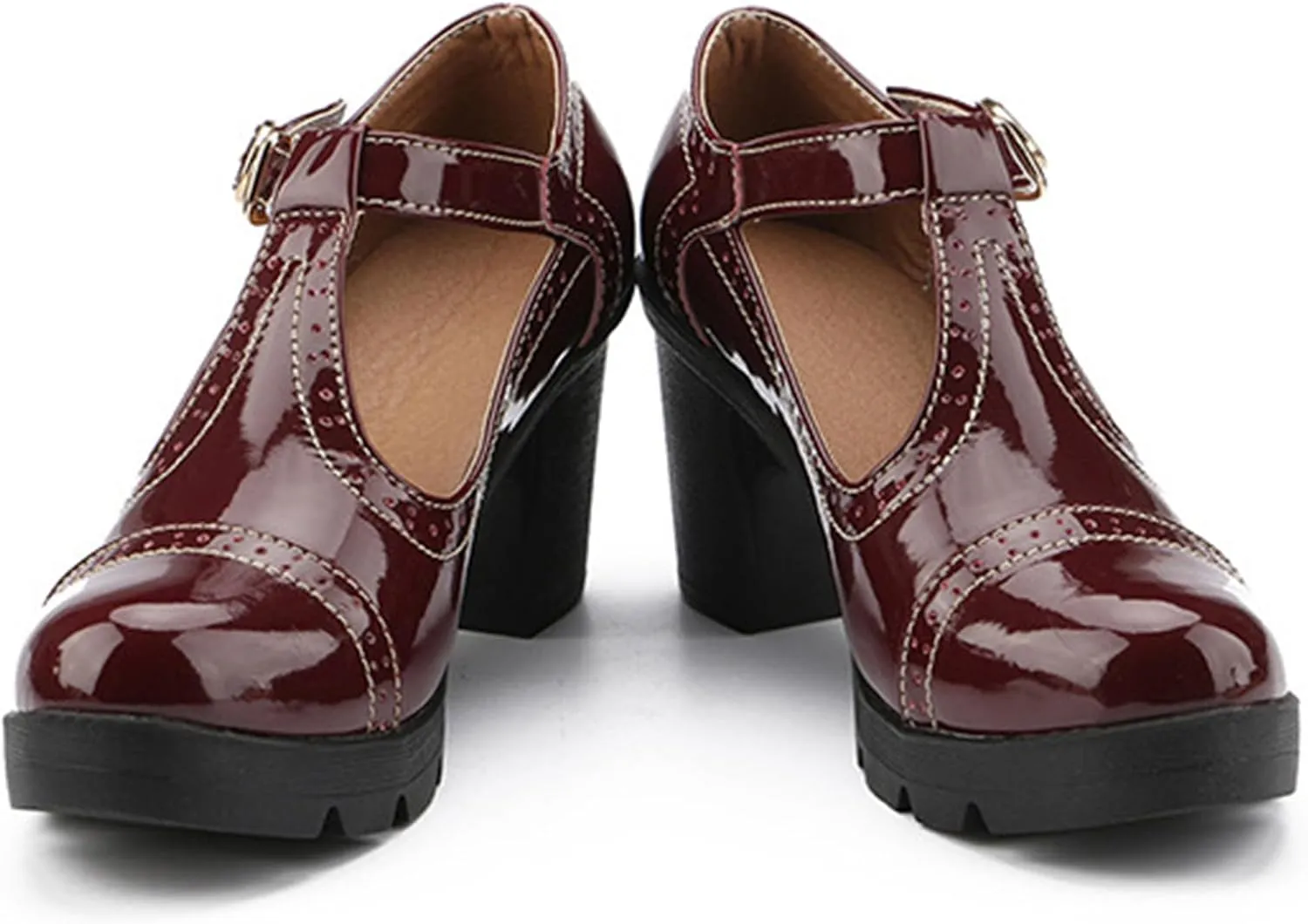 Women's Platform Chunky Heel T-Strap Mary Jane Pumps Shoes Retro Round-Toe Patent Leather Mid Block Heel Brogue Shoes Classic Dress Oxfords Shoes