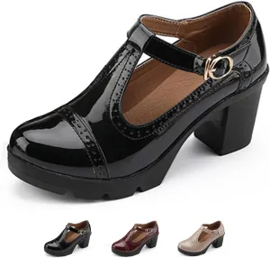 Women's Platform Chunky Heel T-Strap Mary Jane Pumps Shoes Retro Round-Toe Patent Leather Mid Block Heel Brogue Shoes Classic Dress Oxfords Shoes
