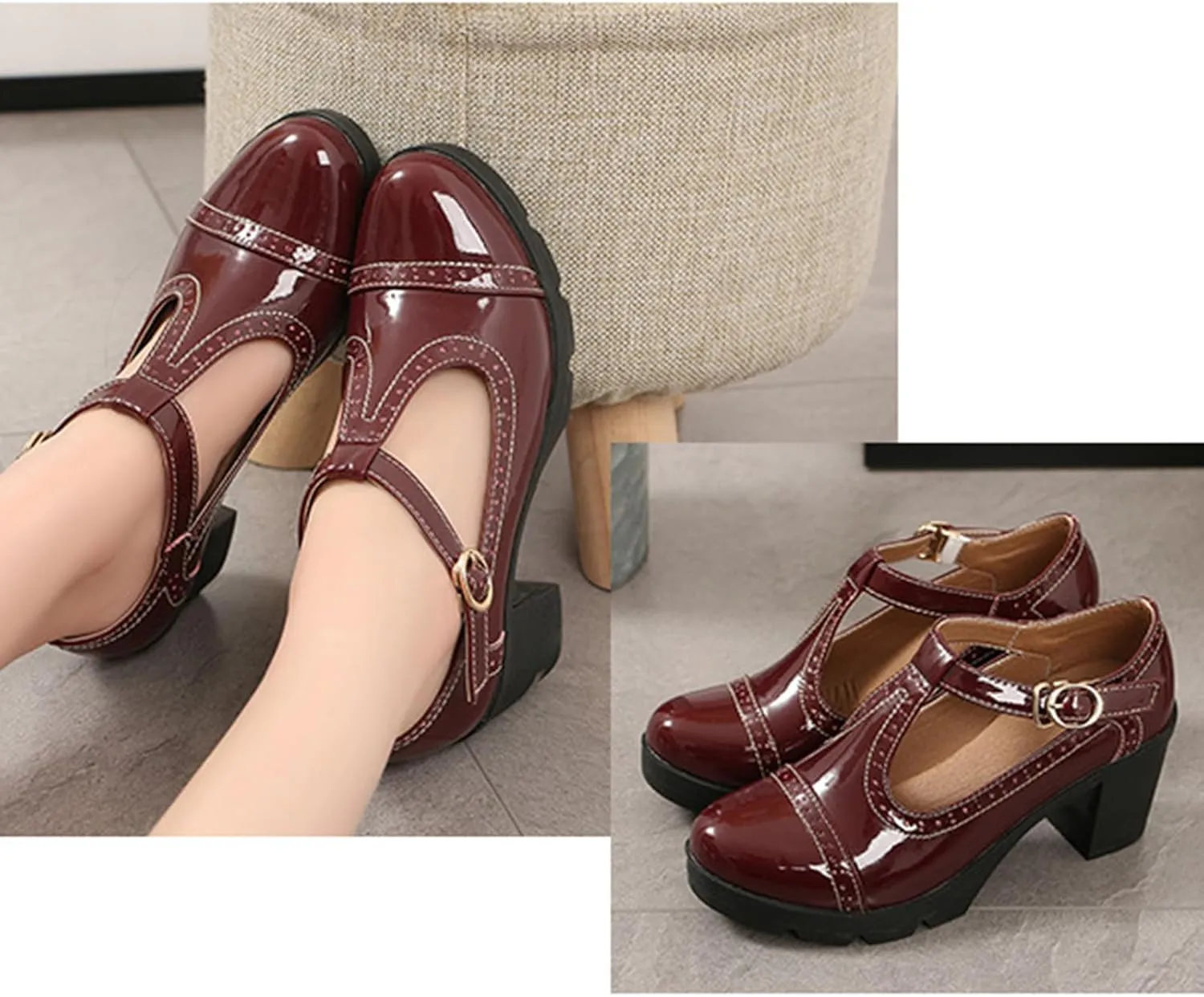 Women's Platform Chunky Heel T-Strap Mary Jane Pumps Shoes Retro Round-Toe Patent Leather Mid Block Heel Brogue Shoes Classic Dress Oxfords Shoes