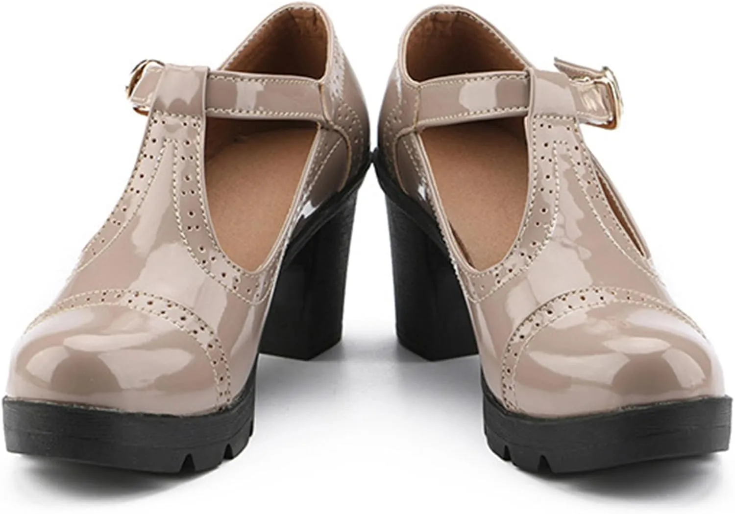 Women's Platform Chunky Heel T-Strap Mary Jane Pumps Shoes Retro Round-Toe Patent Leather Mid Block Heel Brogue Shoes Classic Dress Oxfords Shoes