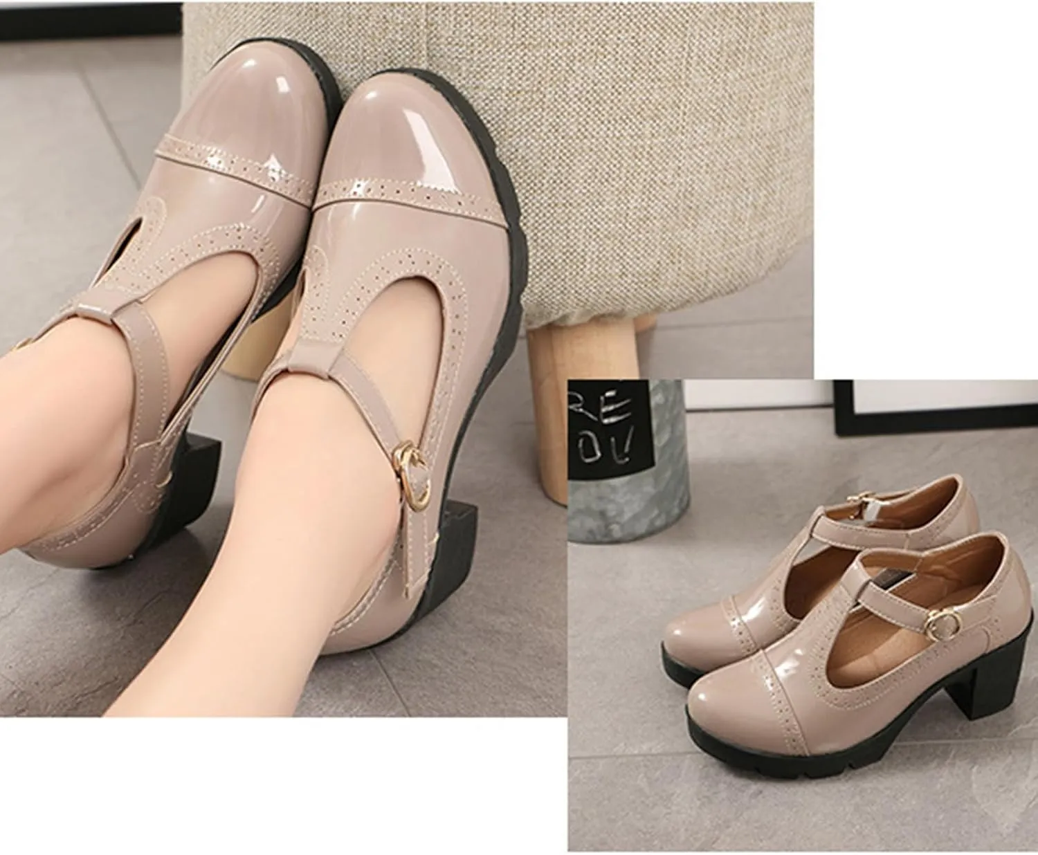 Women's Platform Chunky Heel T-Strap Mary Jane Pumps Shoes Retro Round-Toe Patent Leather Mid Block Heel Brogue Shoes Classic Dress Oxfords Shoes