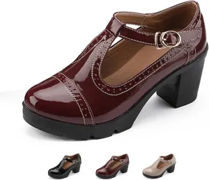 Women's Platform Chunky Heel T-Strap Mary Jane Pumps Shoes Retro Round-Toe Patent Leather Mid Block Heel Brogue Shoes Classic Dress Oxfords Shoes