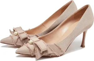 Women's Pointed Toe Slingback Heels with Bow Pearl, 3.15" Kitten Heels Slip on Stiletto Pumps with Buckled Straps for Designer Dress Shoes