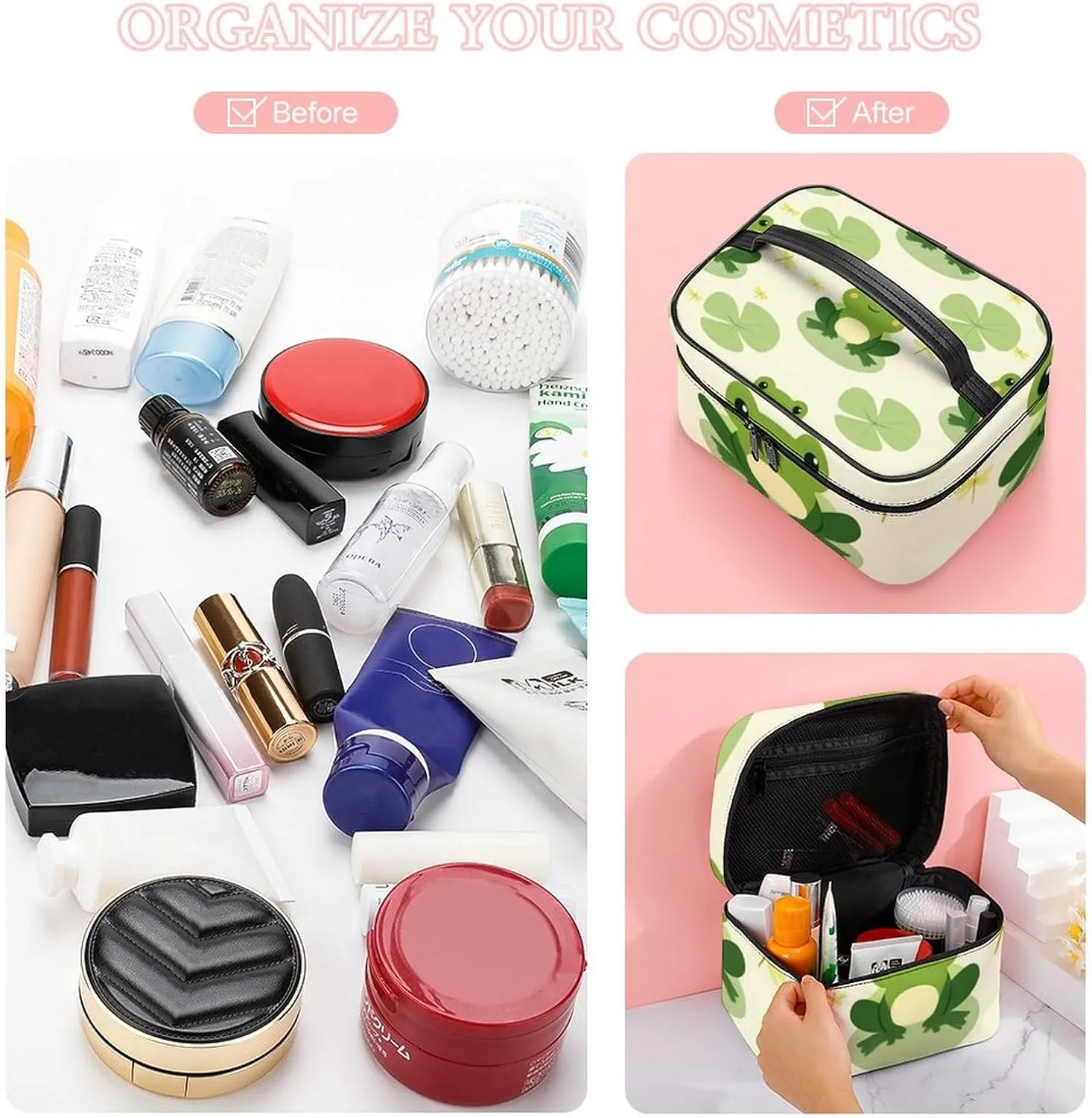 Women's Portable Makeup Bag, Travel Large Cosmetic Storage Case Cute Frog Animal Green Frogs Toiletry Organizer Bag with Zipper Pouch