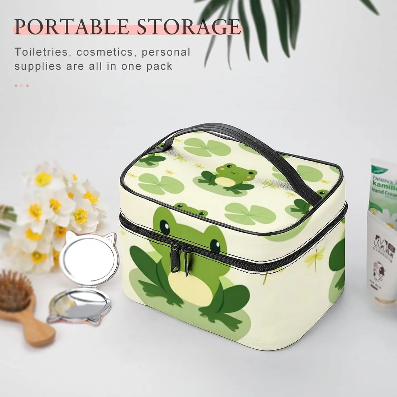 Women's Portable Makeup Bag, Travel Large Cosmetic Storage Case Cute Frog Animal Green Frogs Toiletry Organizer Bag with Zipper Pouch