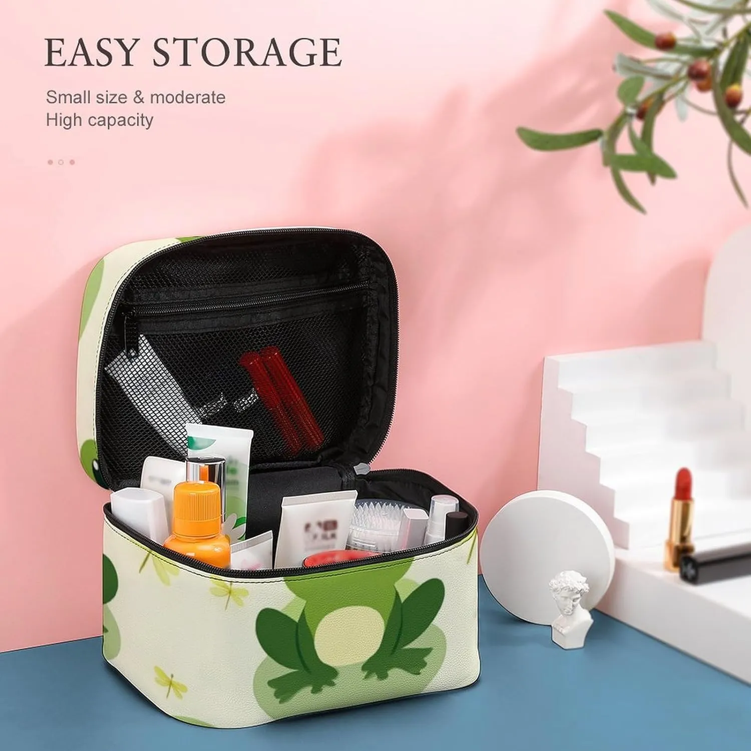 Women's Portable Makeup Bag, Travel Large Cosmetic Storage Case Cute Frog Animal Green Frogs Toiletry Organizer Bag with Zipper Pouch
