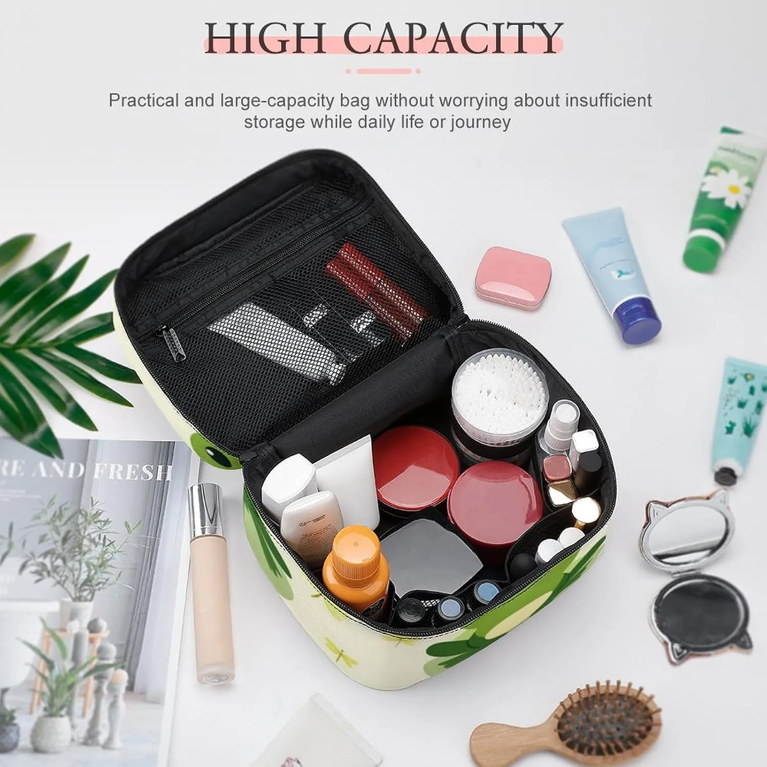Women's Portable Makeup Bag, Travel Large Cosmetic Storage Case Cute Frog Animal Green Frogs Toiletry Organizer Bag with Zipper Pouch