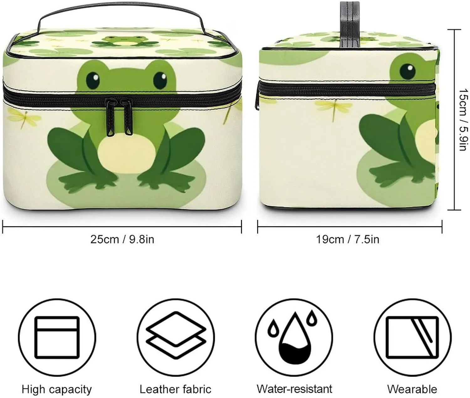 Women's Portable Makeup Bag, Travel Large Cosmetic Storage Case Cute Frog Animal Green Frogs Toiletry Organizer Bag with Zipper Pouch