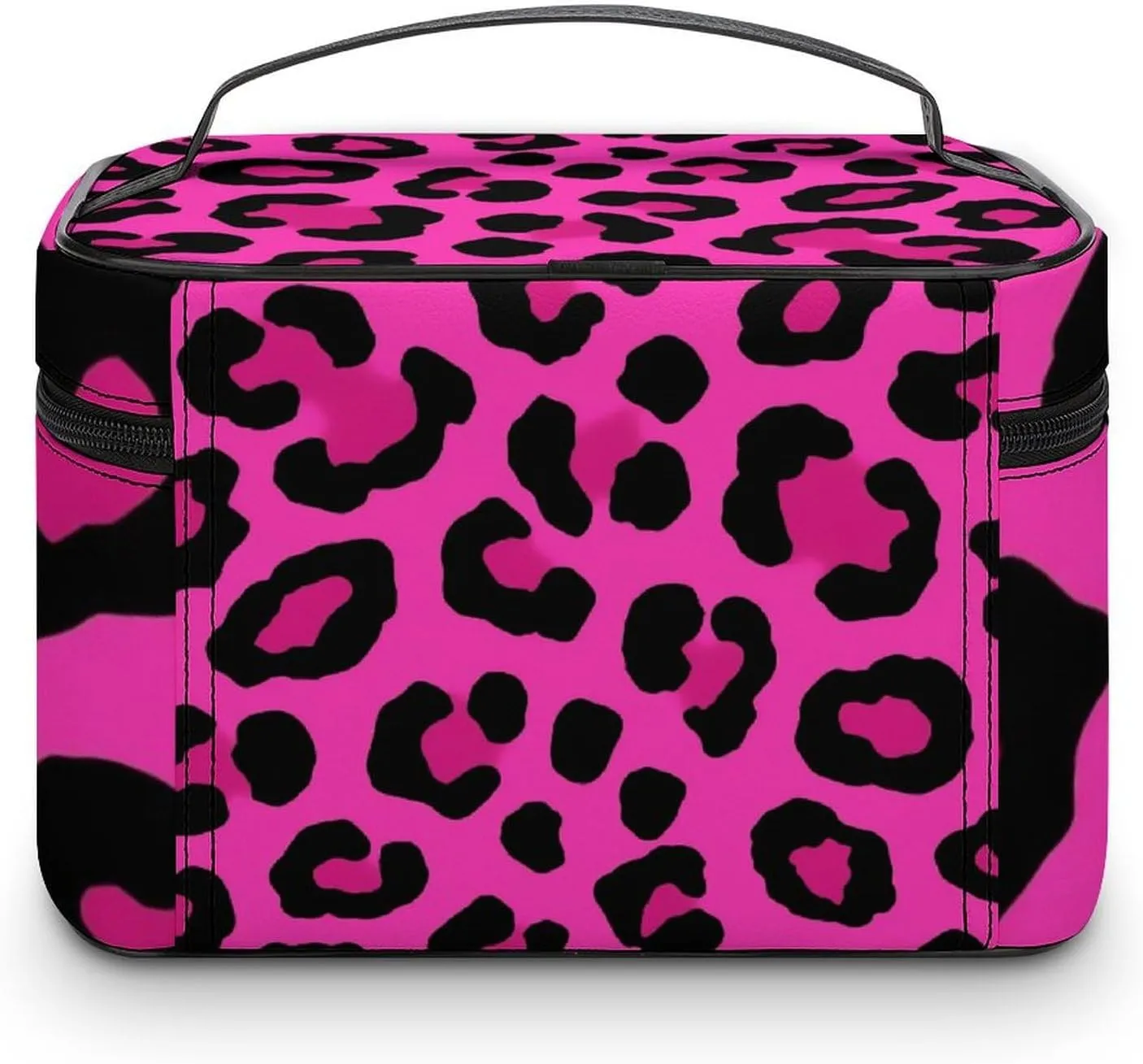 Women's Portable Makeup Bag, Travel Large Cosmetic Storage Case Pink Cheetah Leopard Print Toiletry Organizer Bag with Zipper Pouch