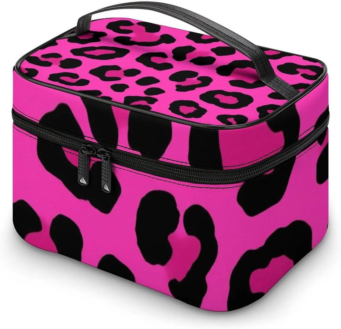 Women's Portable Makeup Bag, Travel Large Cosmetic Storage Case Pink Cheetah Leopard Print Toiletry Organizer Bag with Zipper Pouch