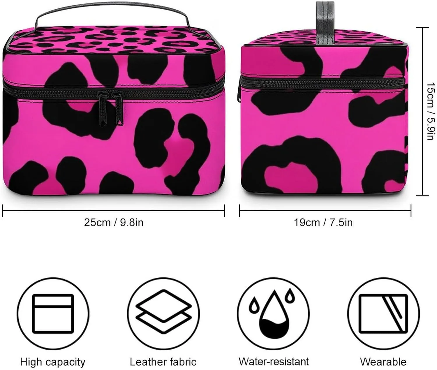 Women's Portable Makeup Bag, Travel Large Cosmetic Storage Case Pink Cheetah Leopard Print Toiletry Organizer Bag with Zipper Pouch