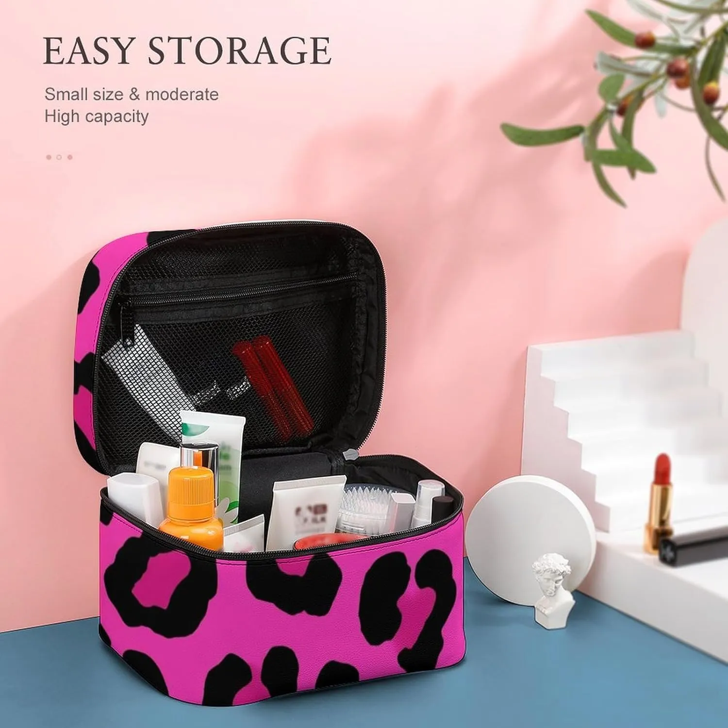 Women's Portable Makeup Bag, Travel Large Cosmetic Storage Case Pink Cheetah Leopard Print Toiletry Organizer Bag with Zipper Pouch