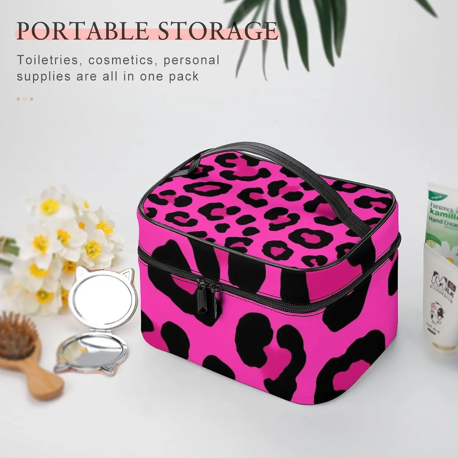 Women's Portable Makeup Bag, Travel Large Cosmetic Storage Case Pink Cheetah Leopard Print Toiletry Organizer Bag with Zipper Pouch