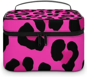 Women's Portable Makeup Bag, Travel Large Cosmetic Storage Case Pink Cheetah Leopard Print Toiletry Organizer Bag with Zipper Pouch