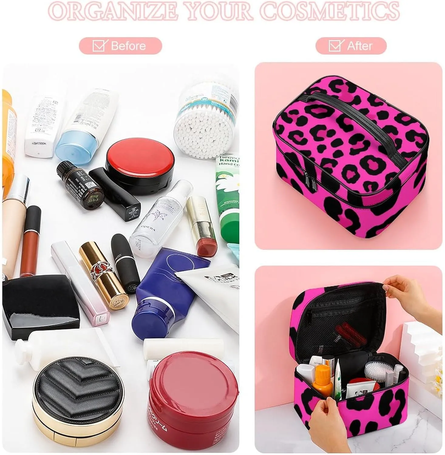 Women's Portable Makeup Bag, Travel Large Cosmetic Storage Case Pink Cheetah Leopard Print Toiletry Organizer Bag with Zipper Pouch