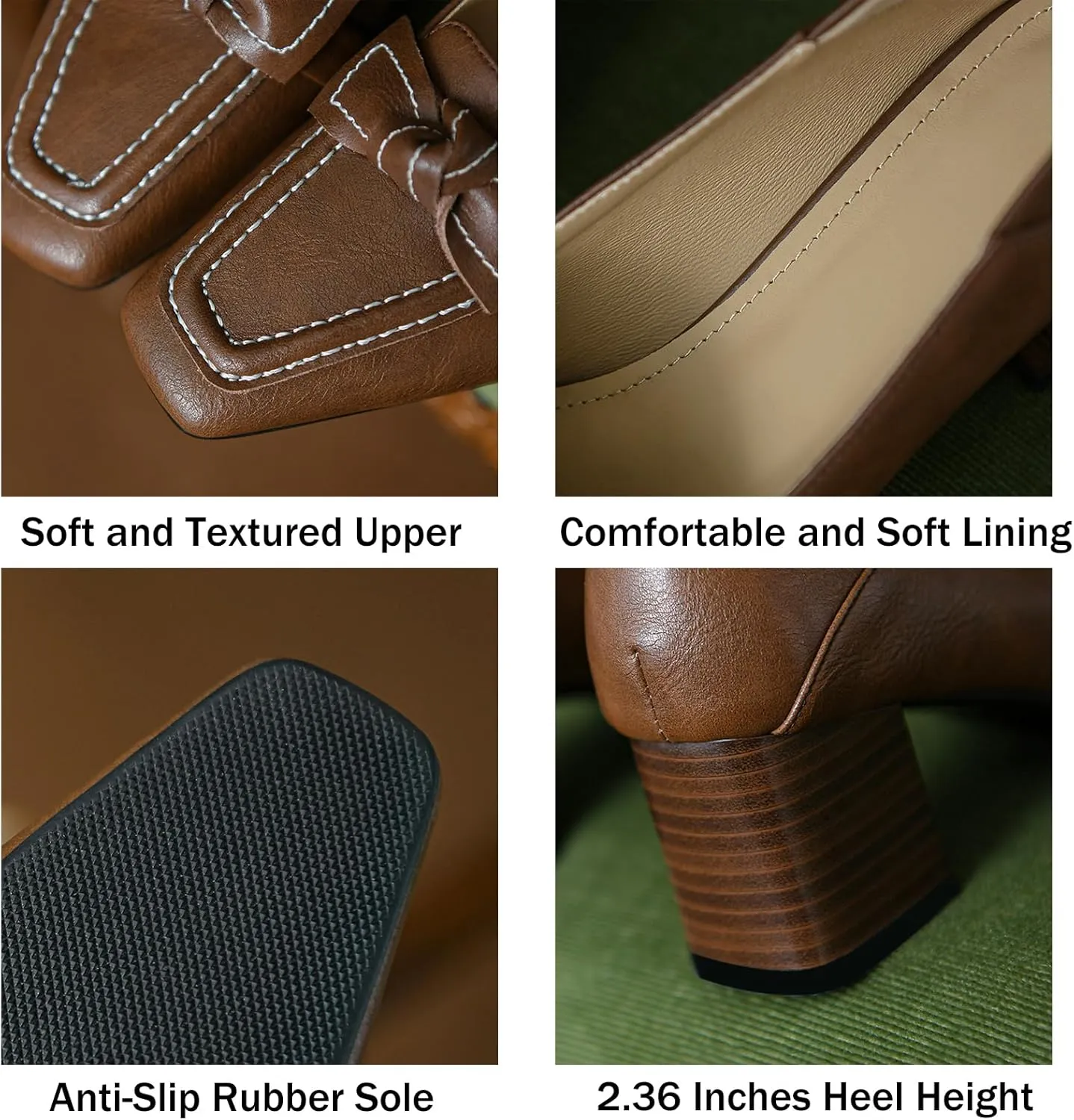 Women's Retro Leather Bow Tie Chunky Heel Pumps Shoes Slip On Classic Comfortable Square-Toe Loafers Dress Shoes Business Party Wedding Shoes