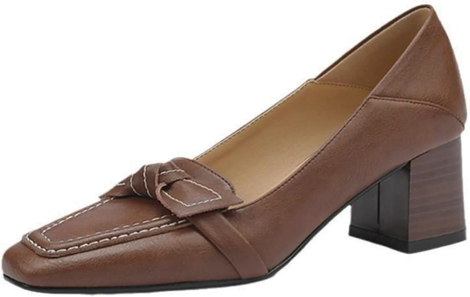 Women's Retro Leather Bow Tie Chunky Heel Pumps Shoes Slip On Classic Comfortable Square-Toe Loafers Dress Shoes Business Party Wedding Shoes