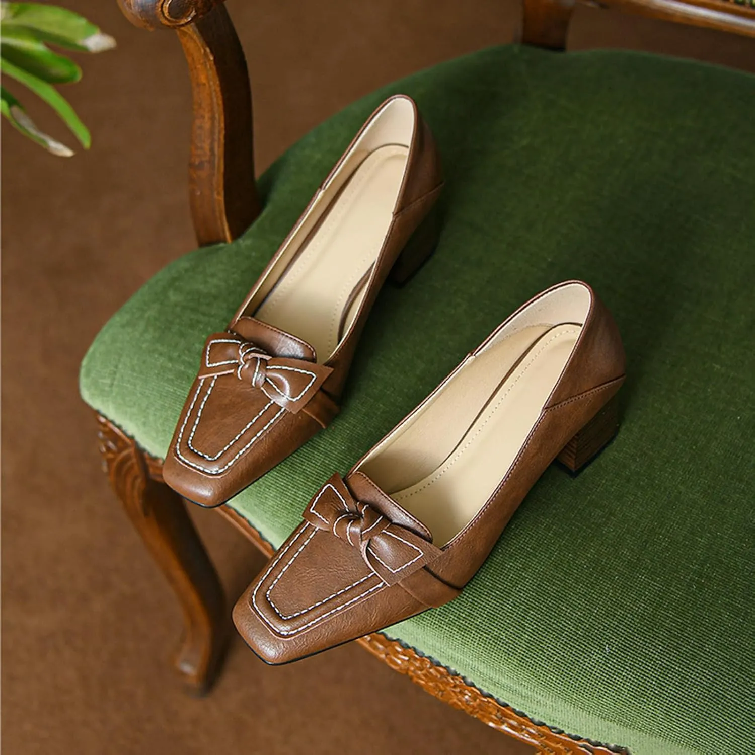 Women's Retro Leather Bow Tie Chunky Heel Pumps Shoes Slip On Classic Comfortable Square-Toe Loafers Dress Shoes Business Party Wedding Shoes