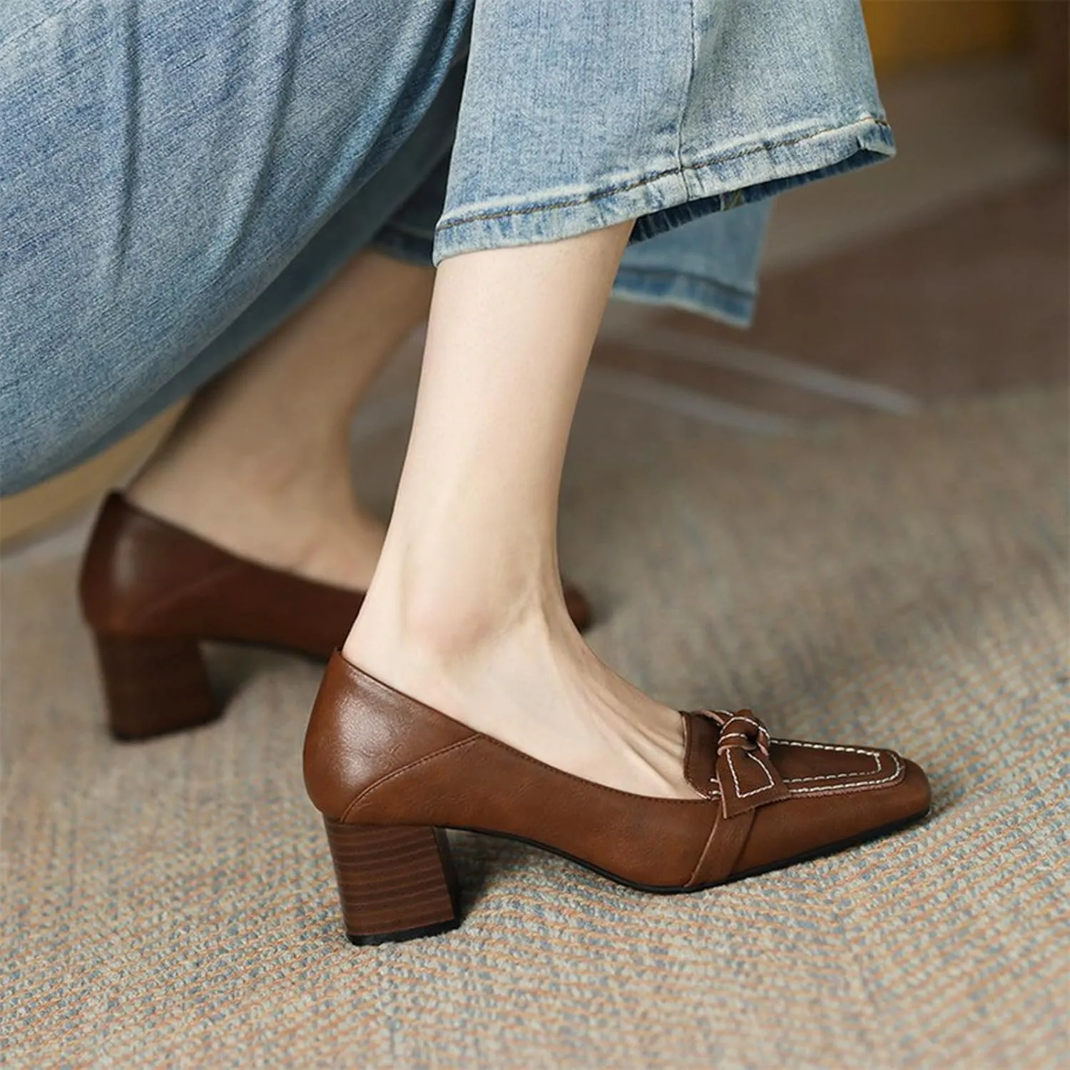 Women's Retro Leather Bow Tie Chunky Heel Pumps Shoes Slip On Classic Comfortable Square-Toe Loafers Dress Shoes Business Party Wedding Shoes