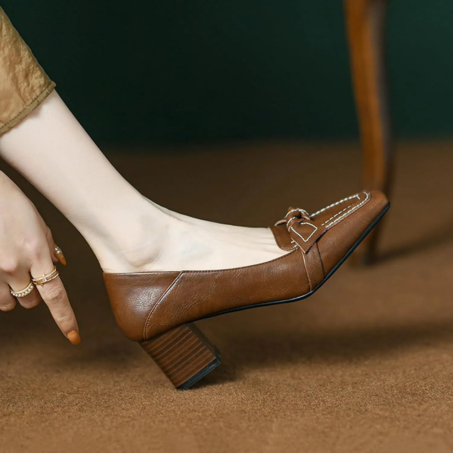 Women's Retro Leather Bow Tie Chunky Heel Pumps Shoes Slip On Classic Comfortable Square-Toe Loafers Dress Shoes Business Party Wedding Shoes