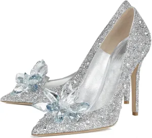 Women's Rhinestones High Stiletto Pumps Crystal Sparkly Heels Pointed Toe Pull On Dressy Party Wedding Bridal Shoes