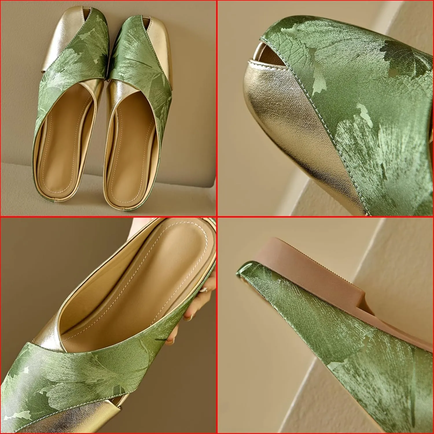 Women's Satin Bright Leather Patchwork Hollow Mules Retro Elegant Square Toe Slip On Slippers Summer Comfortable Breathable Casual Sandals