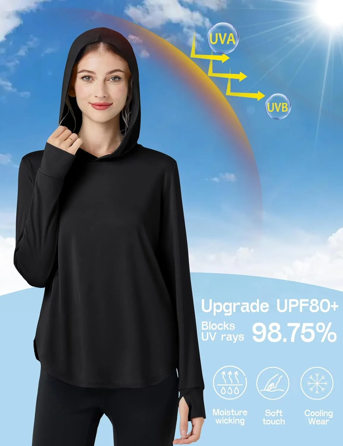 Womens Sun Protection Hoodies UPF 80  UV Shirts Long Sleeve Lightweight Hiking Fishing Workout Tops