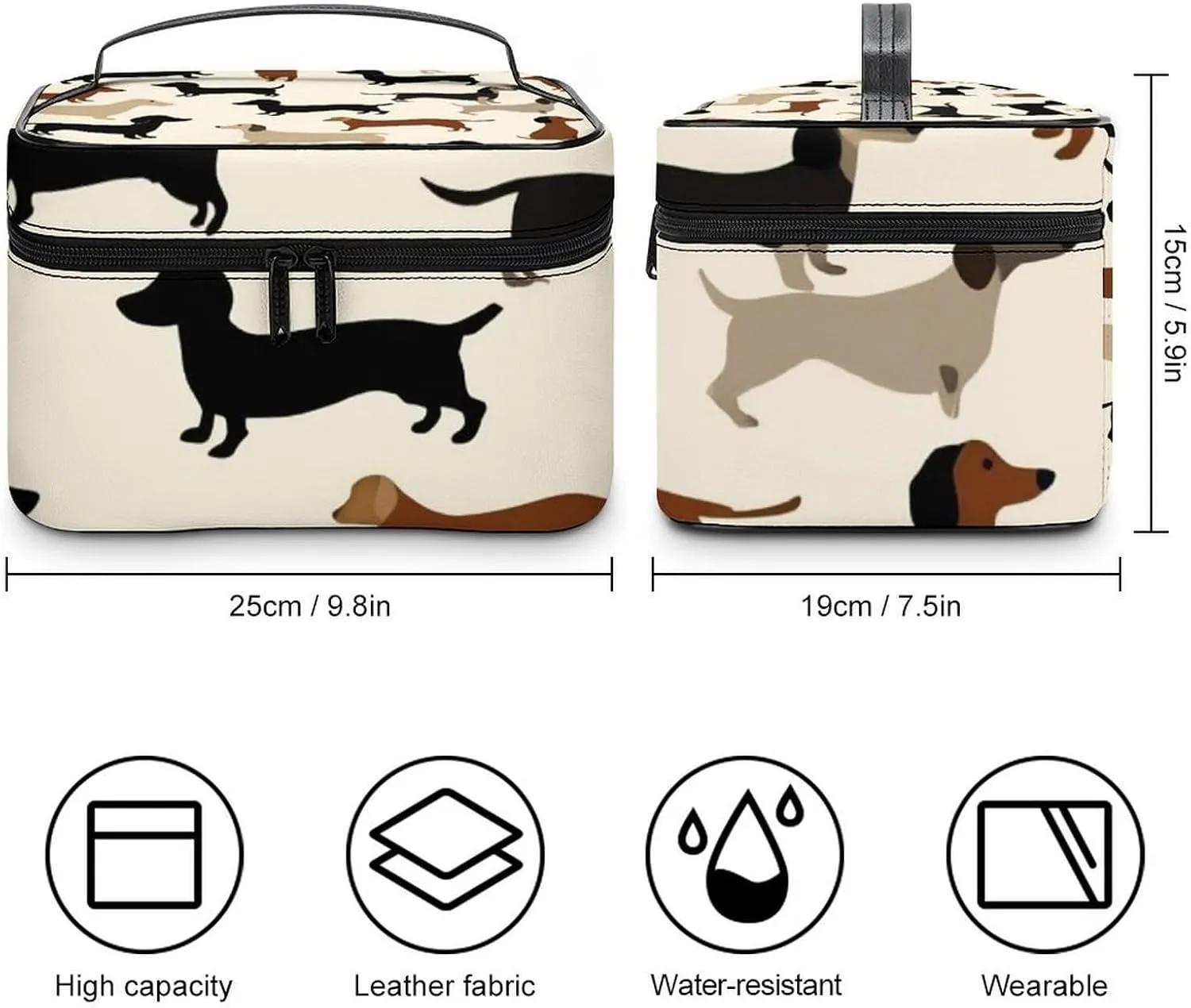Women's Travel Makeup Bag, Large Capacity Cosmetic Organizer Case Cartoon Dachshund Weiner Dog Pet Dogs Toiletry Bag with Zipper Pouch