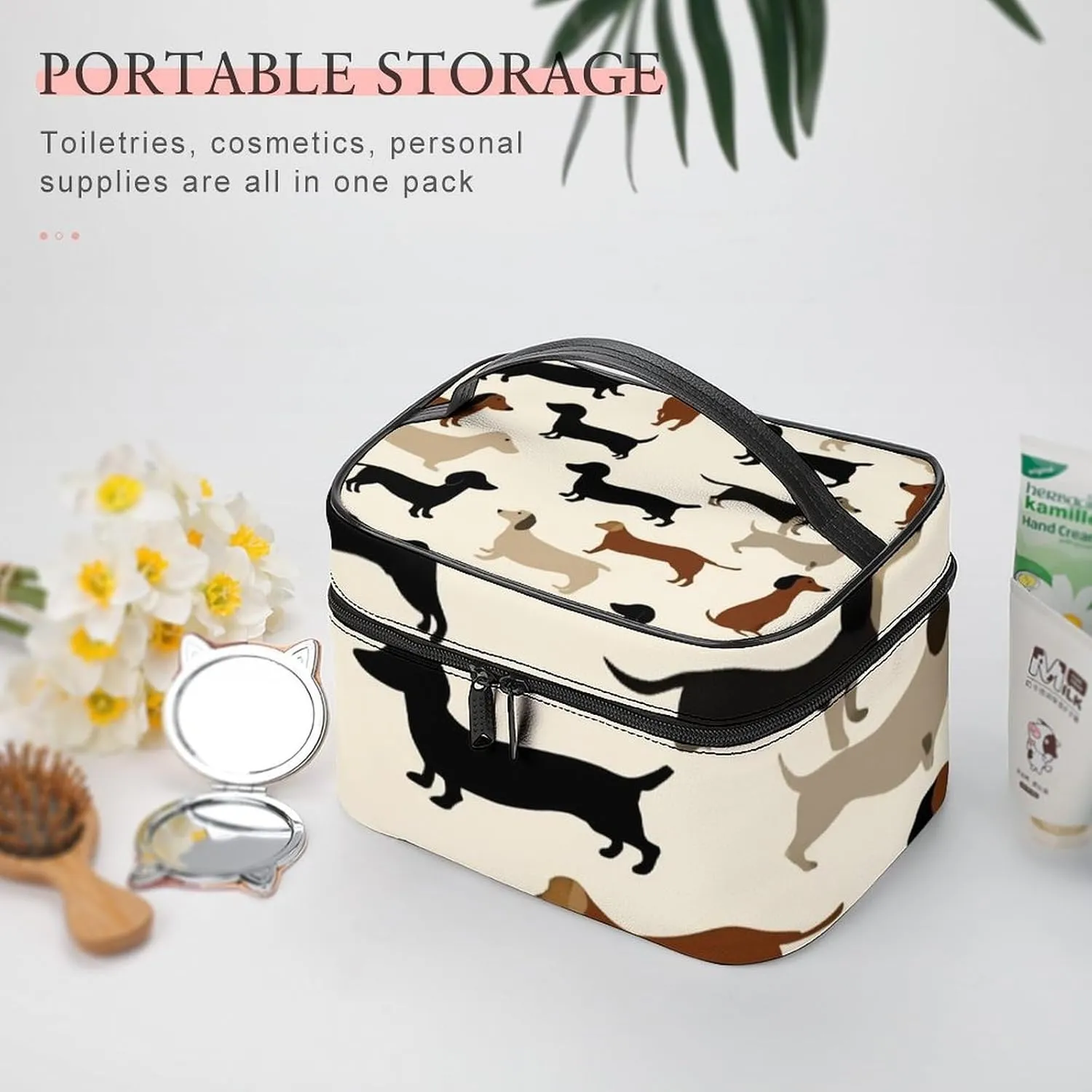 Women's Travel Makeup Bag, Large Capacity Cosmetic Organizer Case Cartoon Dachshund Weiner Dog Pet Dogs Toiletry Bag with Zipper Pouch