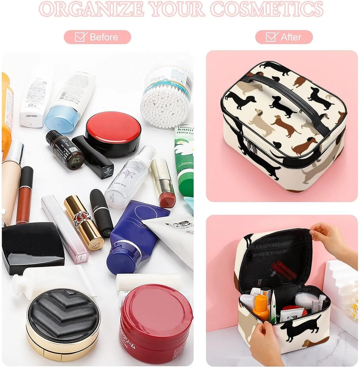 Women's Travel Makeup Bag, Large Capacity Cosmetic Organizer Case Cartoon Dachshund Weiner Dog Pet Dogs Toiletry Bag with Zipper Pouch