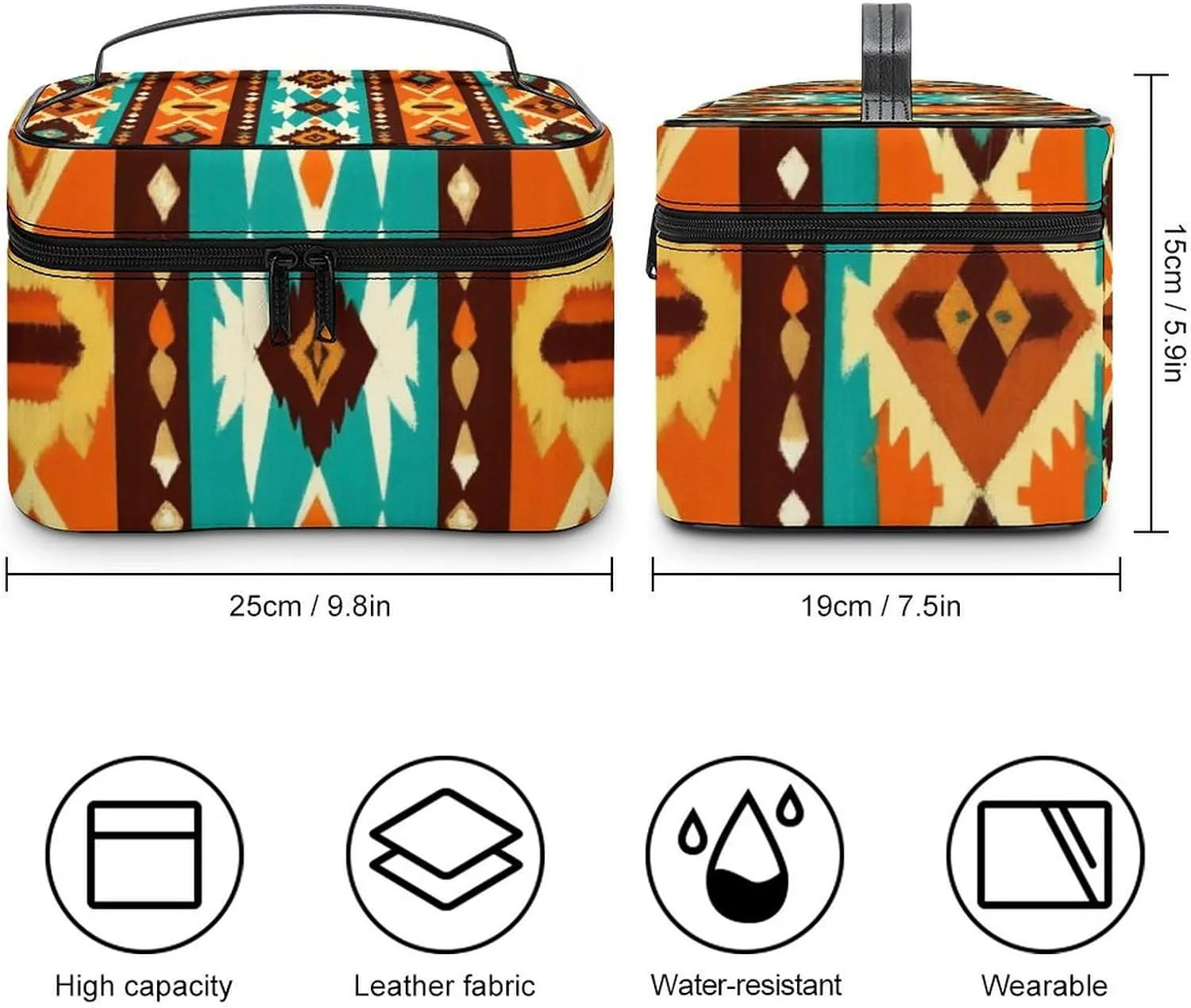 Womens Travel Makeup Bag, Waterproof Cosmetic Organizer Case Indiana Western Southwest Ethnic Tribal Navajo Toiletry Storage Bag with Zipper Mesh Pouch