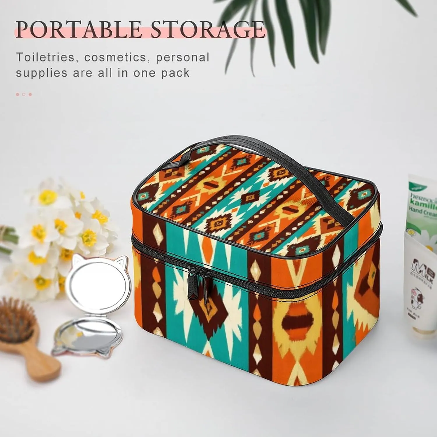 Womens Travel Makeup Bag, Waterproof Cosmetic Organizer Case Indiana Western Southwest Ethnic Tribal Navajo Toiletry Storage Bag with Zipper Mesh Pouch