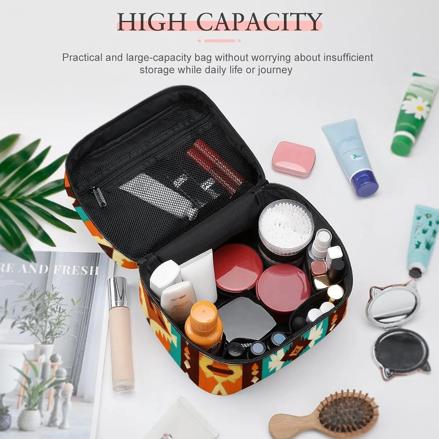 Womens Travel Makeup Bag, Waterproof Cosmetic Organizer Case Indiana Western Southwest Ethnic Tribal Navajo Toiletry Storage Bag with Zipper Mesh Pouch