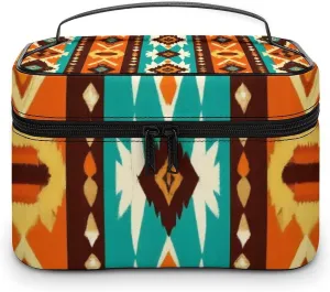 Womens Travel Makeup Bag, Waterproof Cosmetic Organizer Case Indiana Western Southwest Ethnic Tribal Navajo Toiletry Storage Bag with Zipper Mesh Pouch