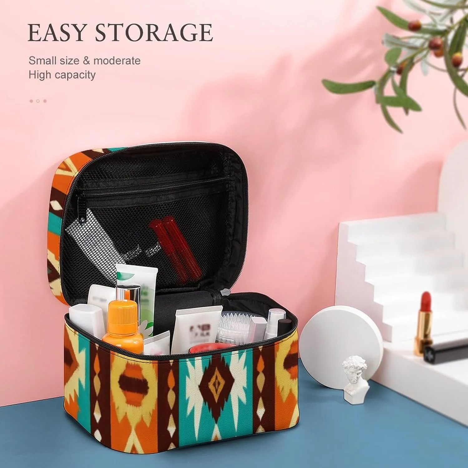 Womens Travel Makeup Bag, Waterproof Cosmetic Organizer Case Indiana Western Southwest Ethnic Tribal Navajo Toiletry Storage Bag with Zipper Mesh Pouch