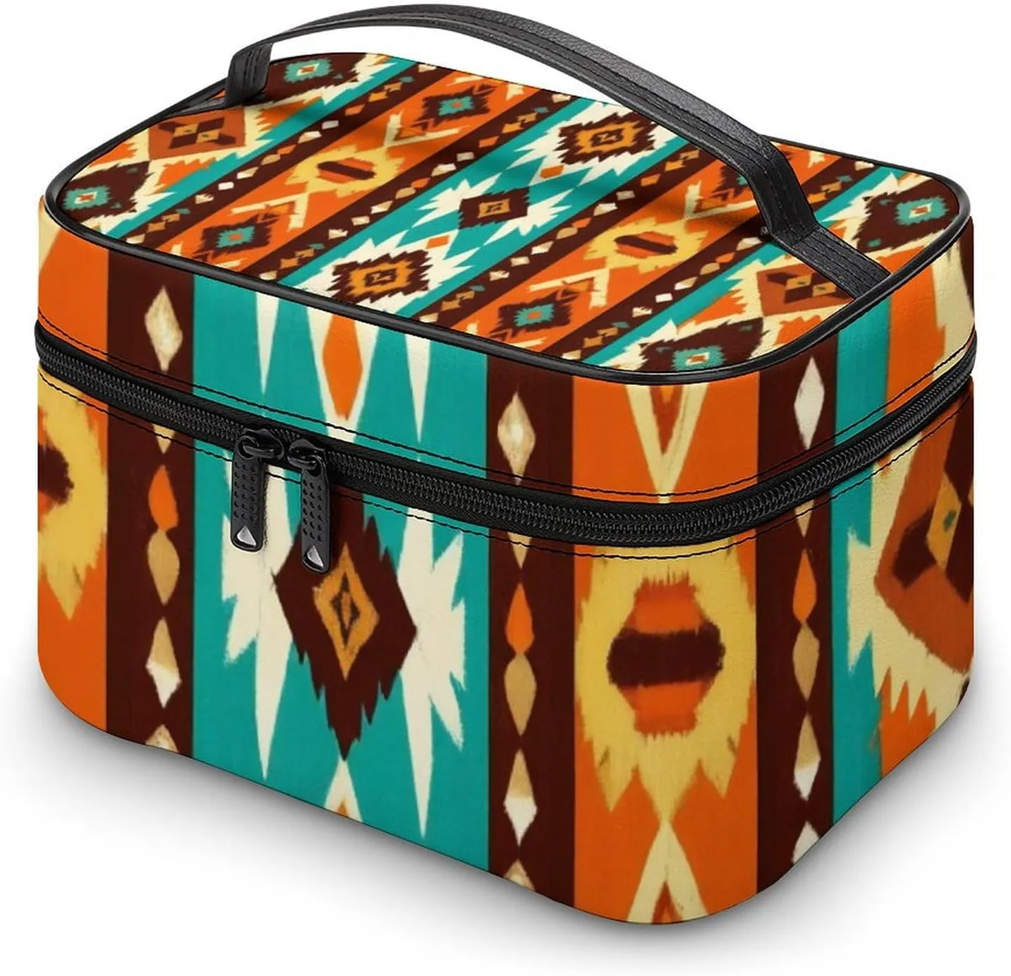 Womens Travel Makeup Bag, Waterproof Cosmetic Organizer Case Indiana Western Southwest Ethnic Tribal Navajo Toiletry Storage Bag with Zipper Mesh Pouch