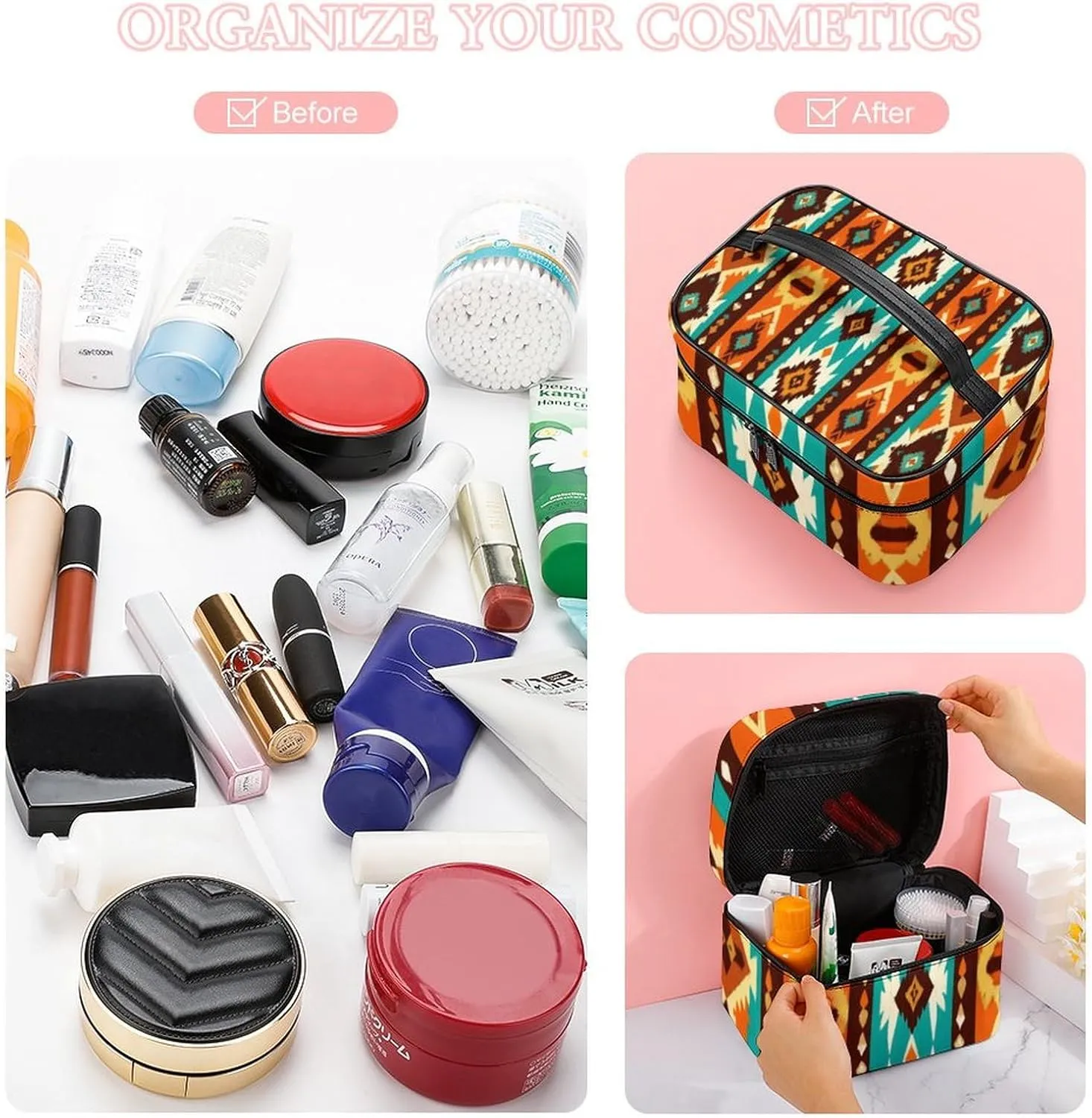 Womens Travel Makeup Bag, Waterproof Cosmetic Organizer Case Indiana Western Southwest Ethnic Tribal Navajo Toiletry Storage Bag with Zipper Mesh Pouch