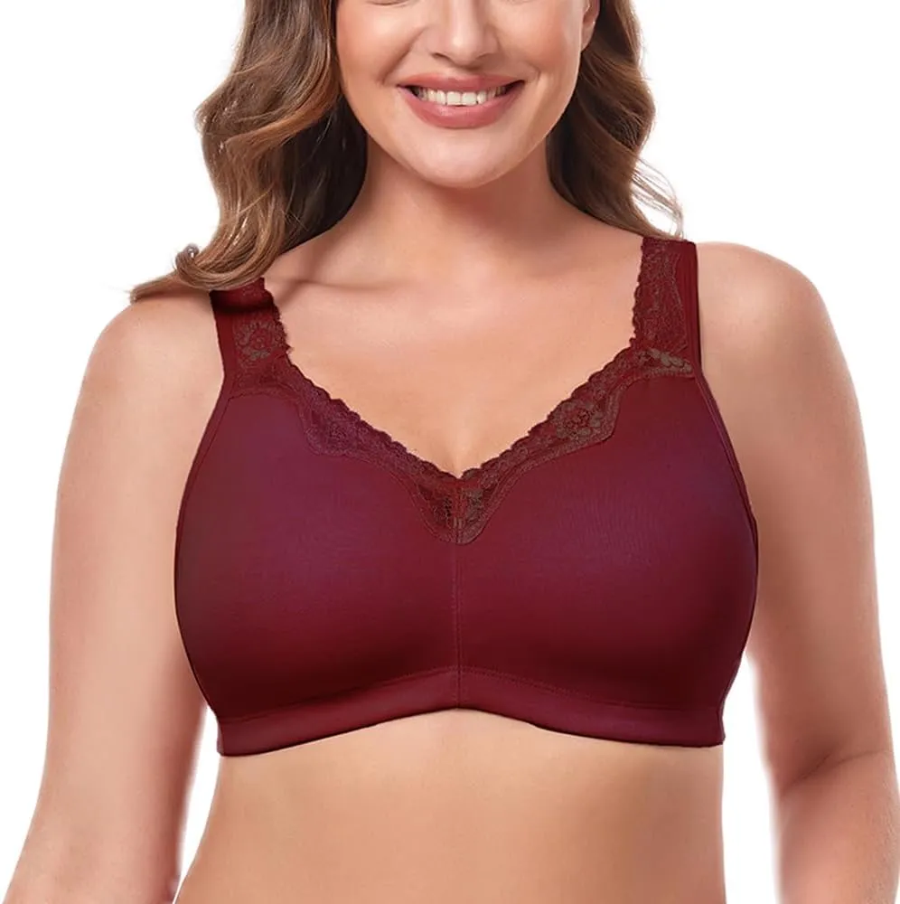 Women's Wireless Plus Size Lace Bra Full Coverage Unlined Minimizer Bra Comfort Cotton