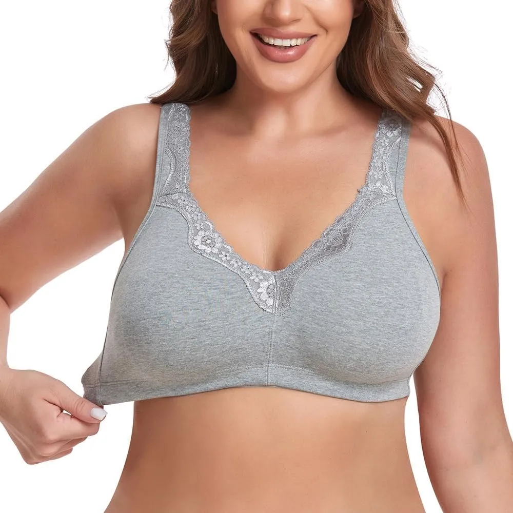 Women's Wireless Plus Size Lace Bra Full Coverage Unlined Minimizer Bra Comfort Cotton