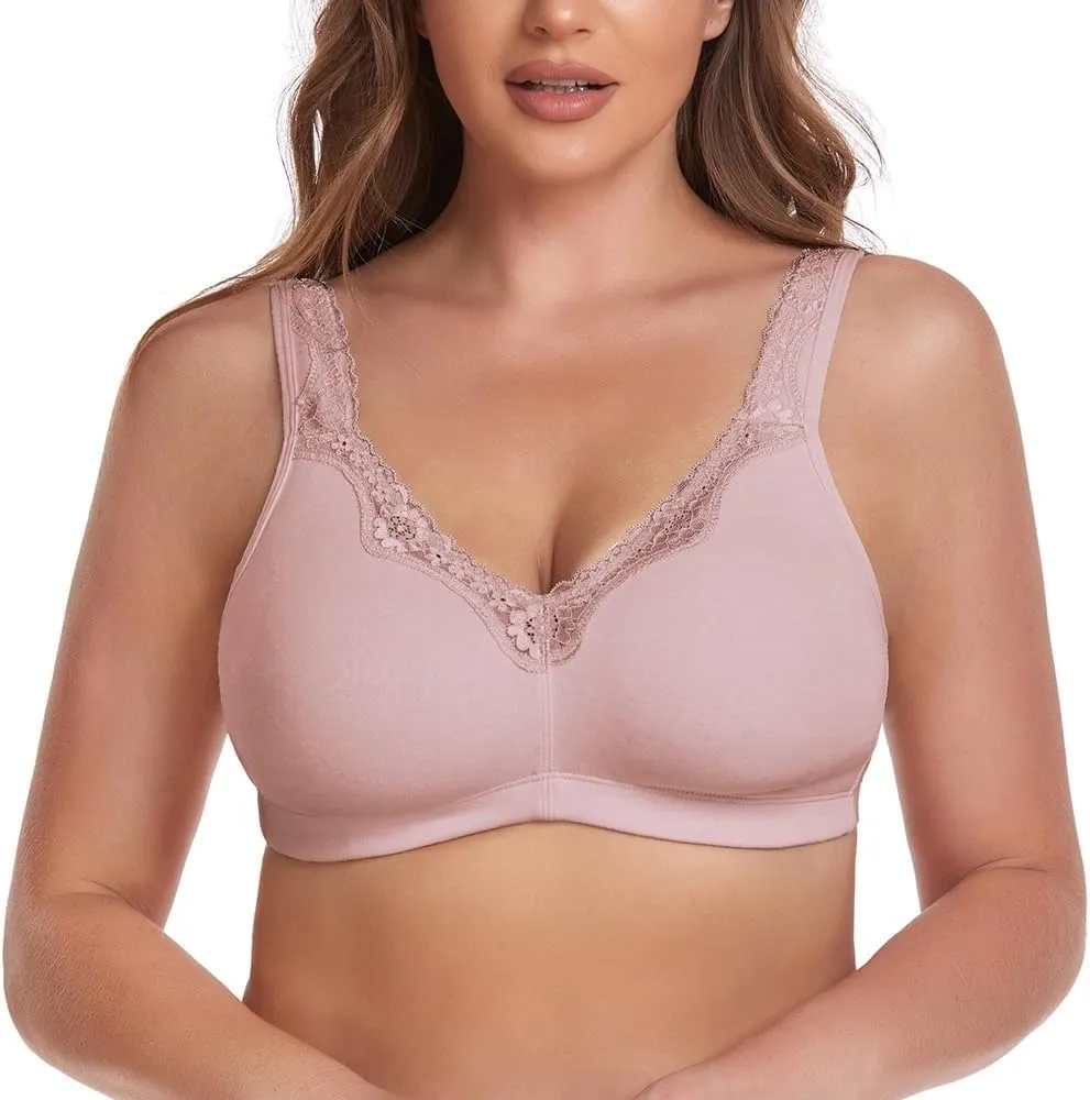 Women's Wireless Plus Size Lace Bra Full Coverage Unlined Minimizer Bra Comfort Cotton