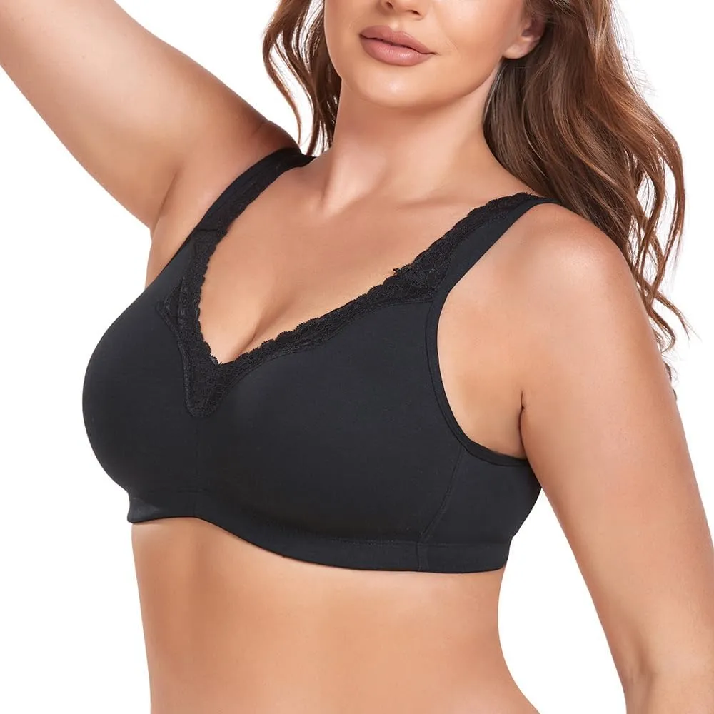 Women's Wireless Plus Size Lace Bra Full Coverage Unlined Minimizer Bra Comfort Cotton