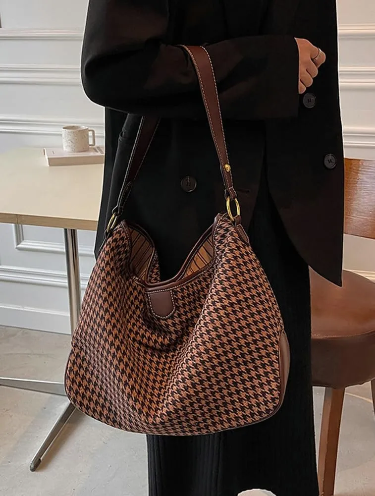 Women's Woven Shoulder Crossbody Bag Fashion Checkered Large Totes Casual Handbag Top Handle Purse