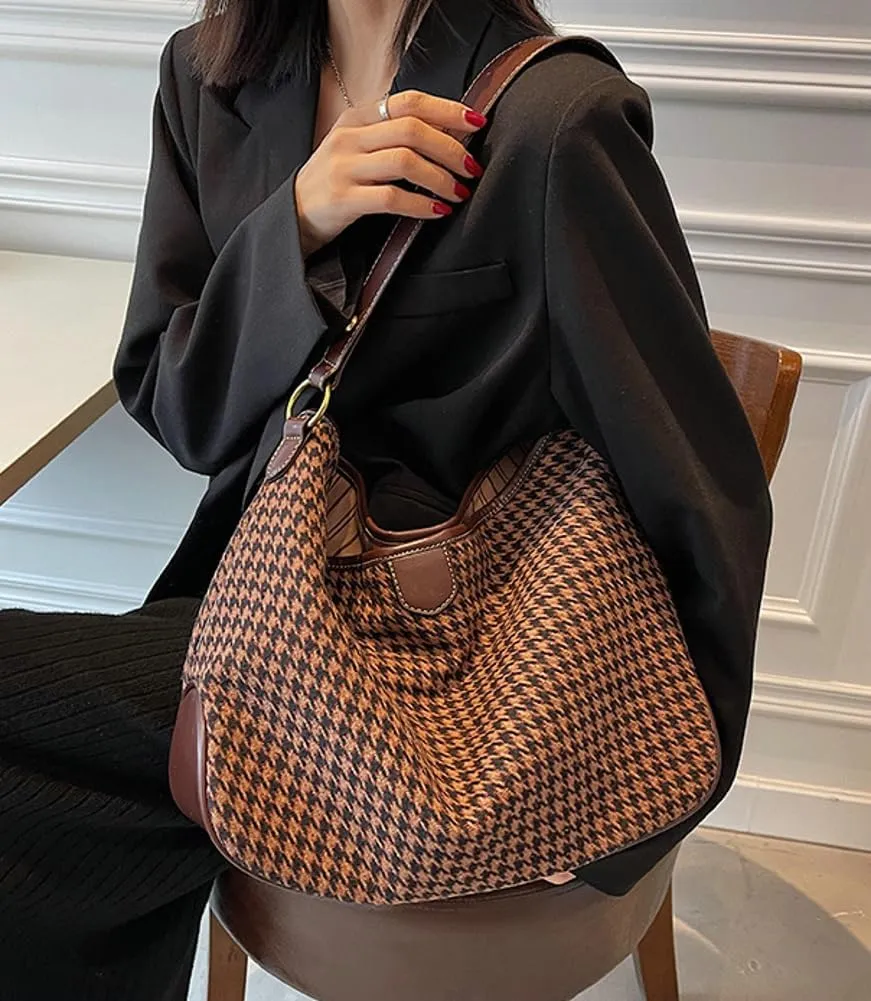 Women's Woven Shoulder Crossbody Bag Fashion Checkered Large Totes Casual Handbag Top Handle Purse