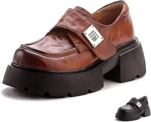 Women's Wrinkled Genuine Leather Chunky Platform Loafers with Hook and Loop Fashion Comfortable Round-Toe Lug Sole Heightening Oxford Shoes Vintage Casual Office Business Dress Shoes