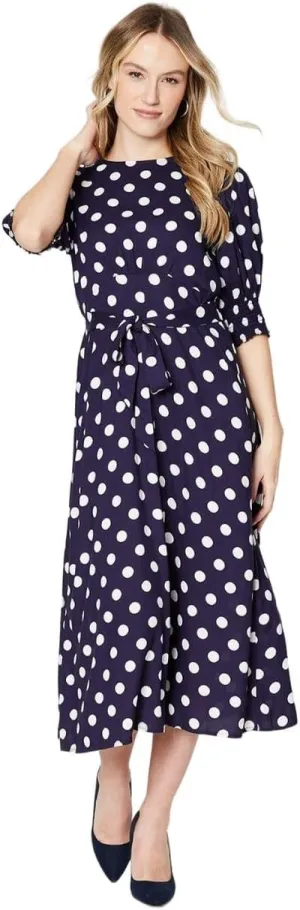 Womens/Ladies Polka Dot Shirred Cuff Midi Dress (6 US) (Navy), Navy, 6 US