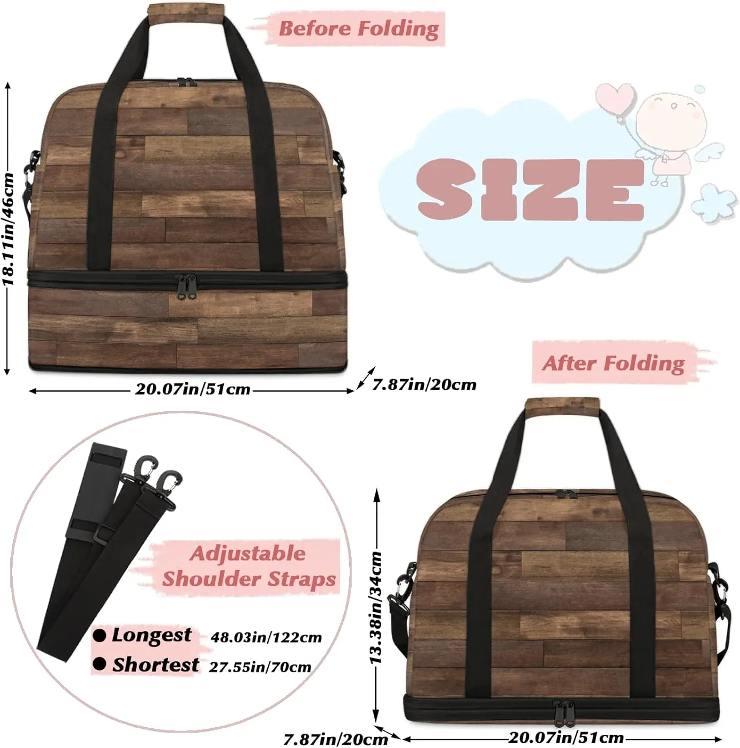 Wood Modern Texture Travel Duffel Bags for Women & Men Large Sports Gym Bags Foldie Weekender Overnight Bag Carry On Tote Bag With Shoe Compartment Personal Item Bag for Travel Sports Gym