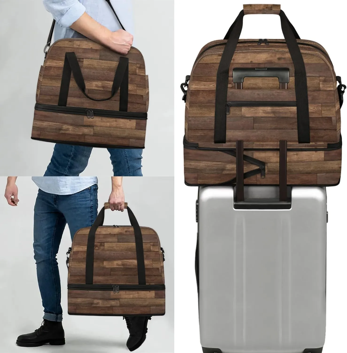 Wood Modern Texture Travel Duffel Bags for Women & Men Large Sports Gym Bags Foldie Weekender Overnight Bag Carry On Tote Bag With Shoe Compartment Personal Item Bag for Travel Sports Gym