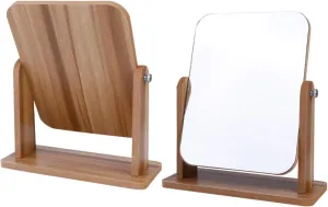 Wooden Desktop Makeup Mirror Stylish Square Vanity Lighted Mirror for Women