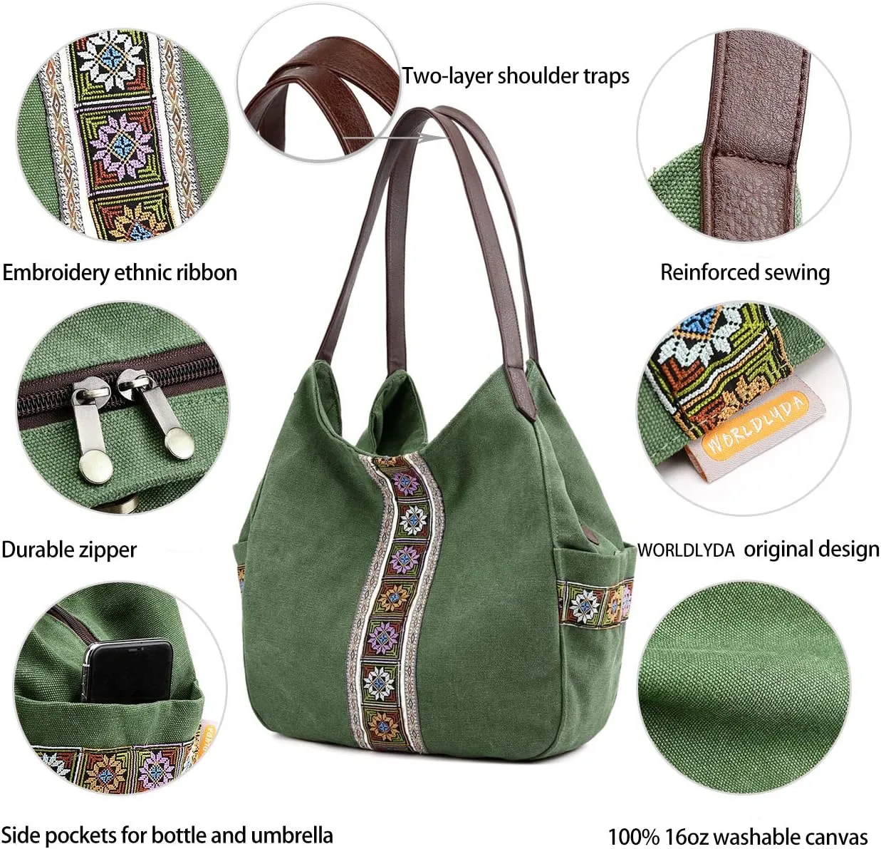 Worldlyda Women Canvas Hobo Purse Multi Pocket Tote Shopper Shoulder Bag Casual Top Handle handbag with Embroidery Ethnic